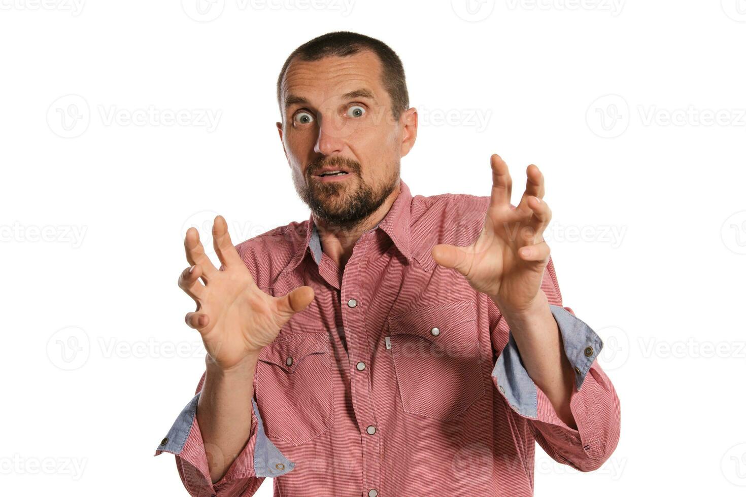 Middle-aged man with beard, mustache and short haircut posing isolated on white background. Sincere emotions concept. photo