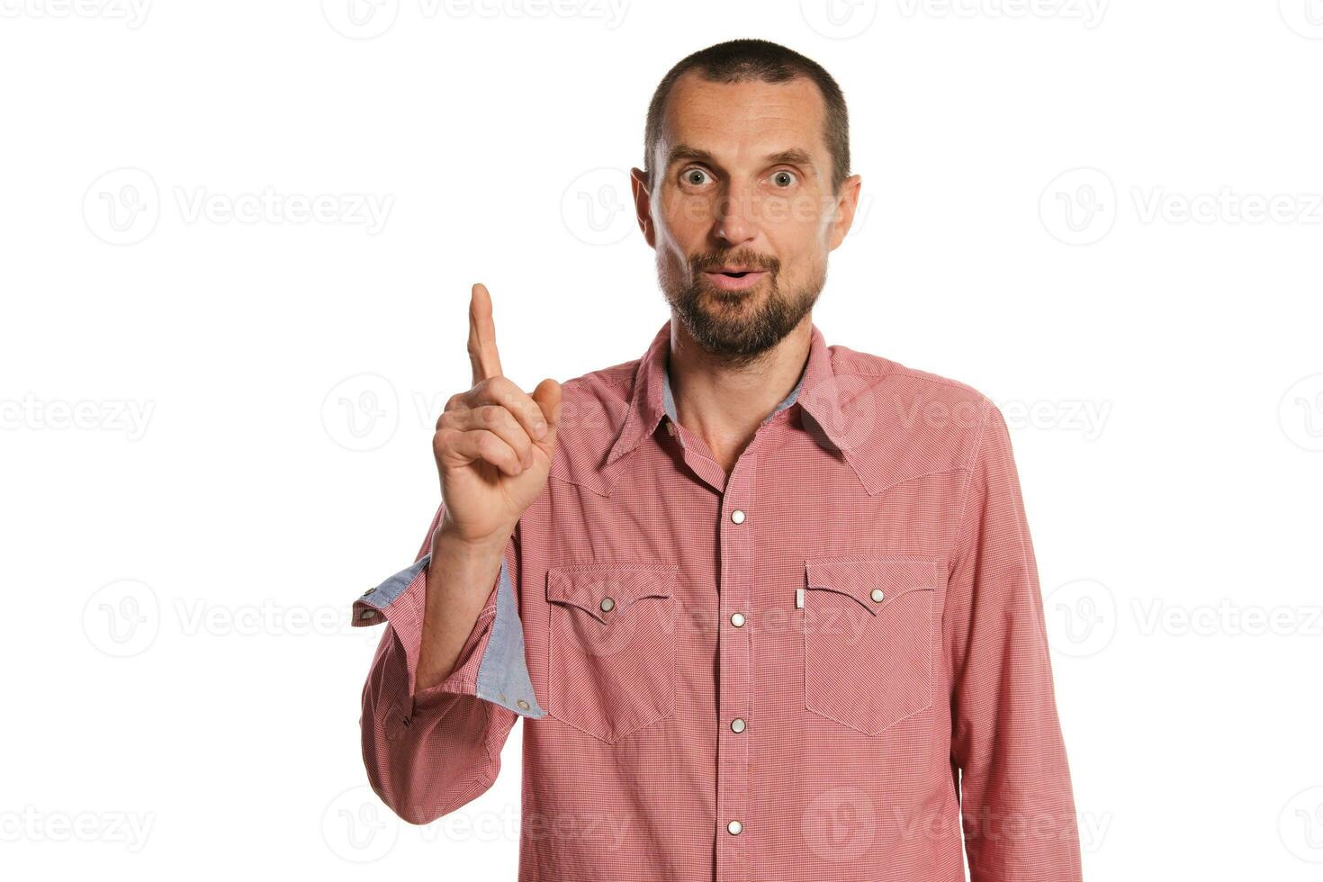 Middle-aged man with beard, mustache and short haircut posing isolated on white background. Sincere emotions concept. photo