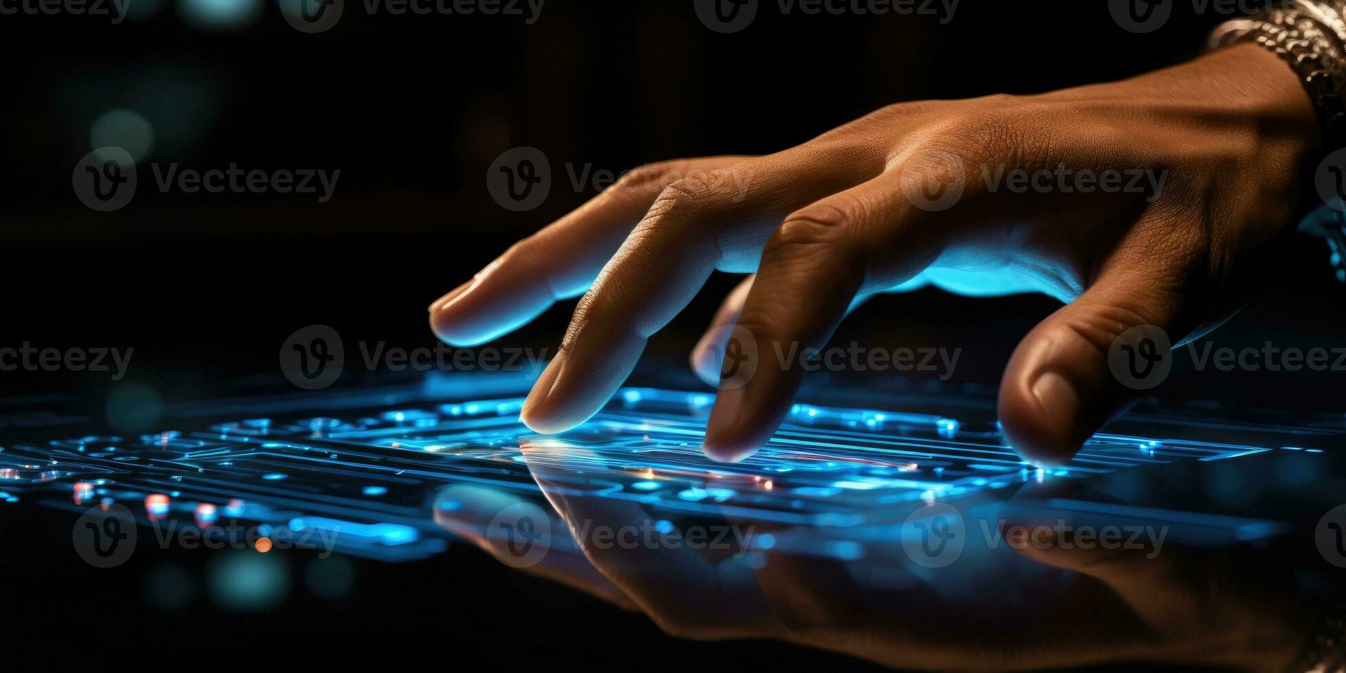 AI generated Finger Pushes Touch Screen Button and Activates Futuristic Artificial Intelligence. AI Generated photo
