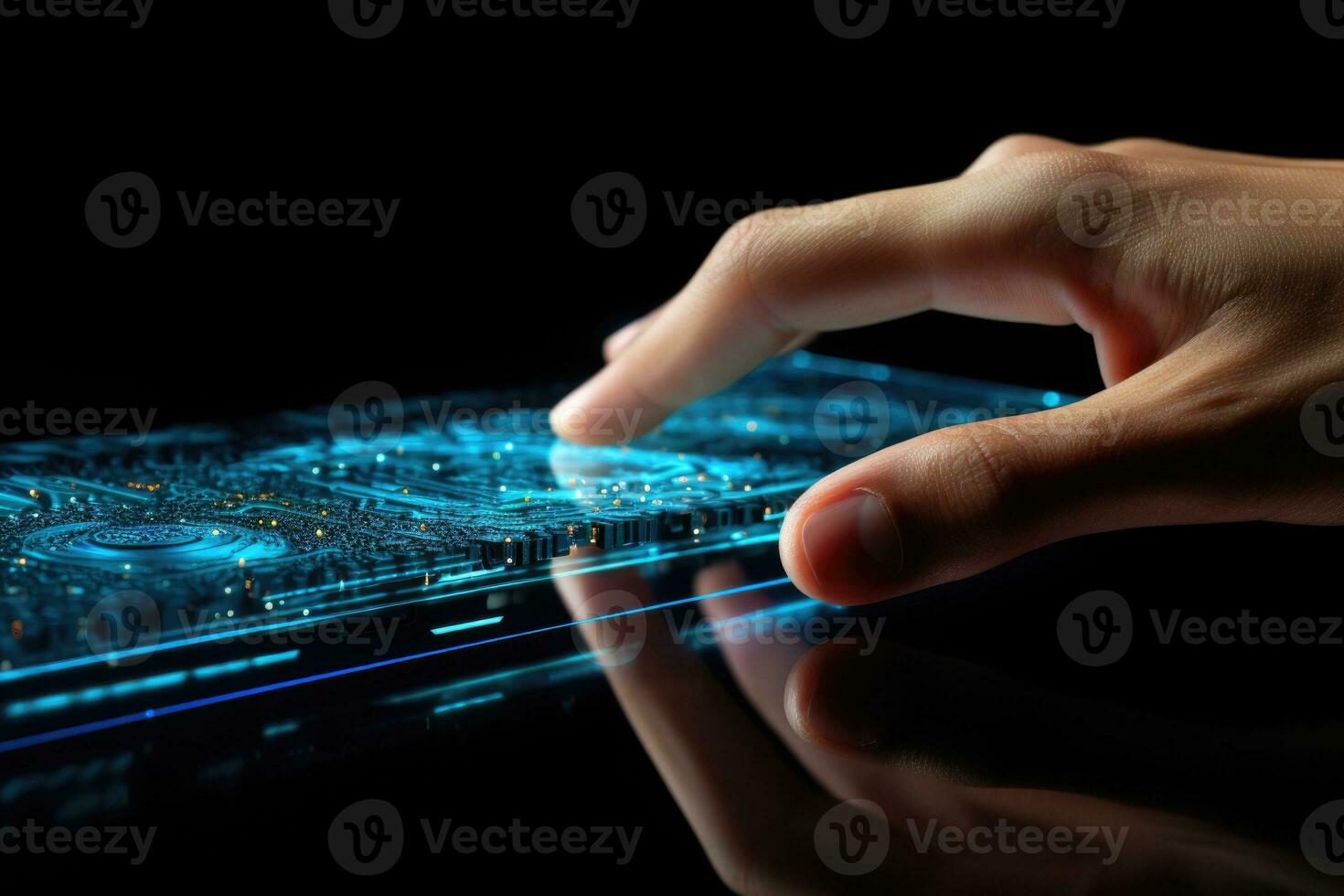 AI generated Finger Pushes Touch Screen Button and Activates Futuristic Artificial Intelligence. AI Generated photo