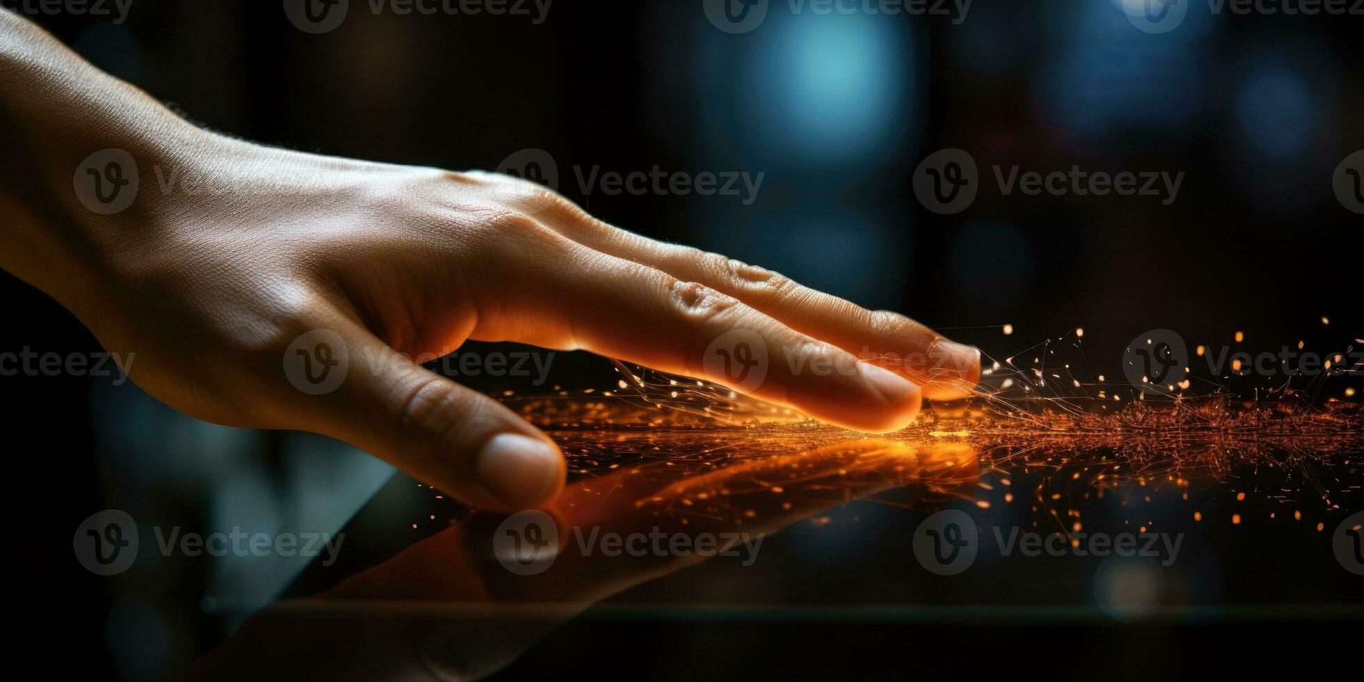 AI generated Finger Pushes Touch Screen Button and Activates Futuristic Artificial Intelligence. AI Generated photo