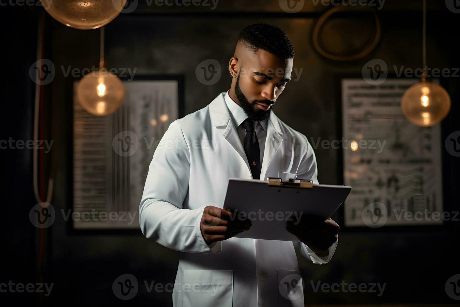 AI generated african american doctor in white coat and black tie writing on clipboard photo