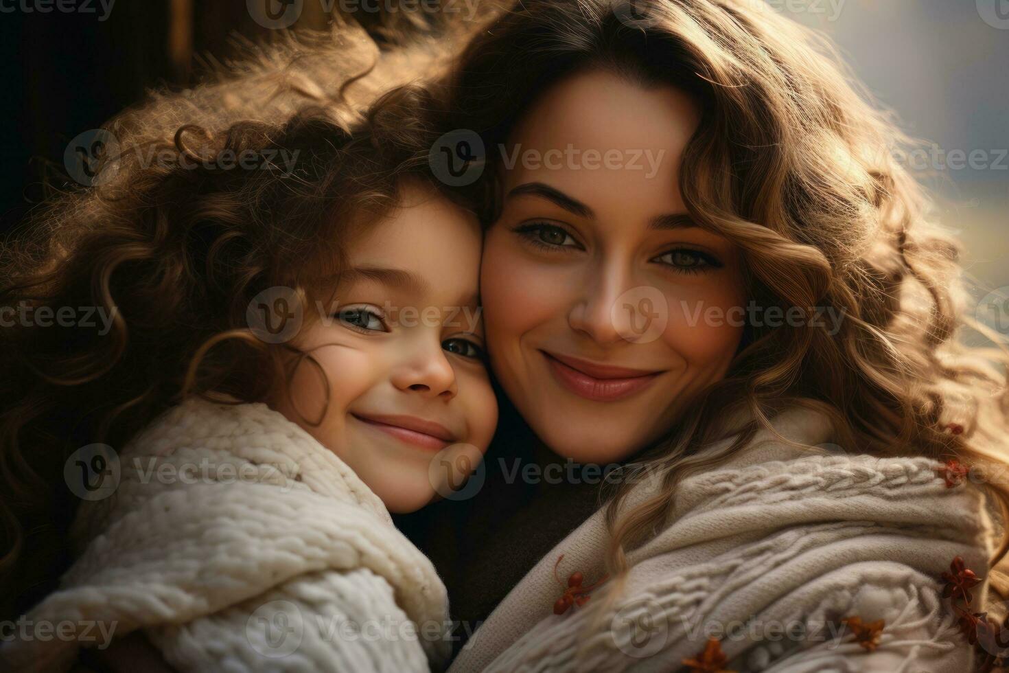 AI generated Happy mom holding her daughter playing together outdoors. AI Generated photo