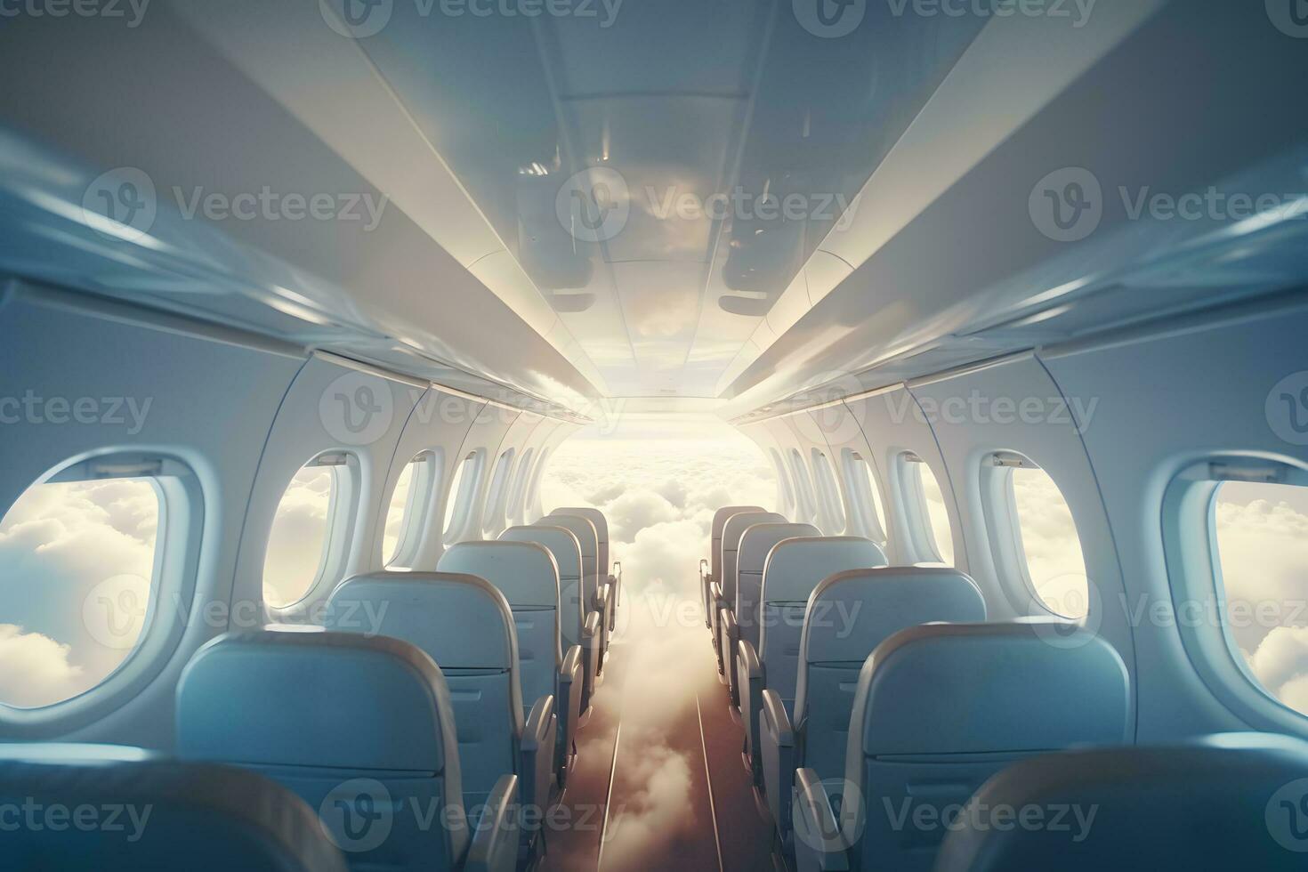 AI generated Passenger airplane interior with blue sky and clouds photo