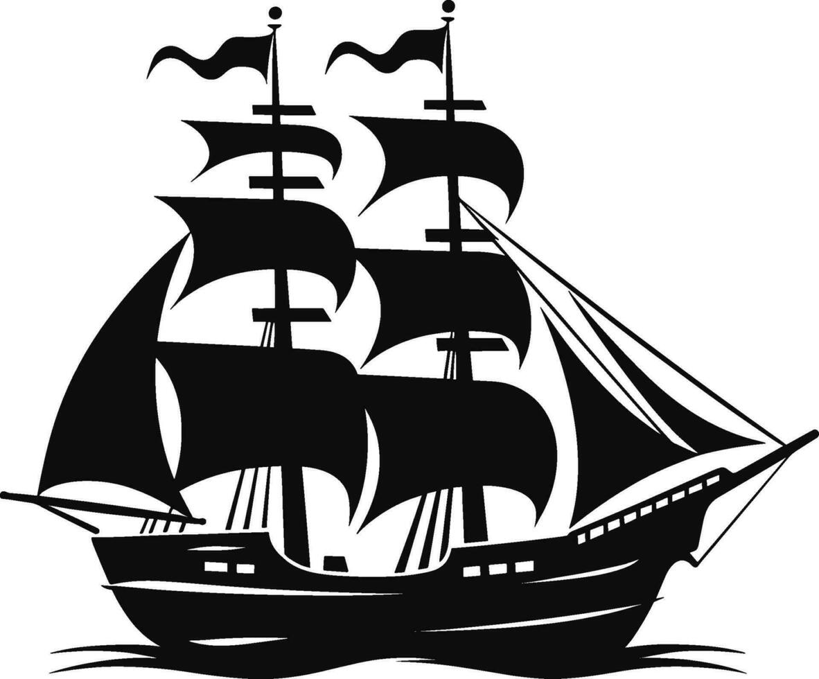 Brigantine boat sailing in sea waters isolated sailboat with fiberglass cloth and flags. Vector monochrome marine yacht. AI generated illustration.