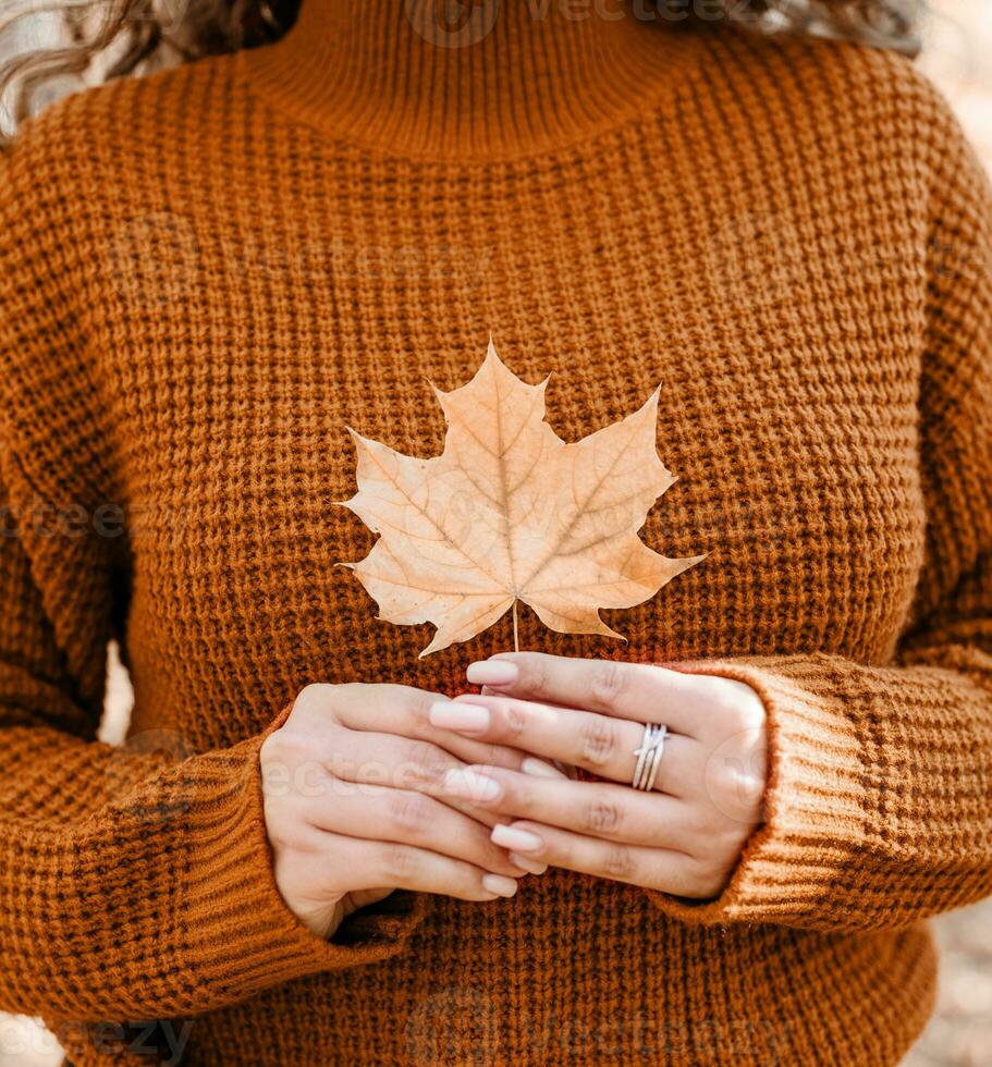 Color of the year 2024, Peach Fuzz. Young happy woman gathering leaves in autumn forest photo