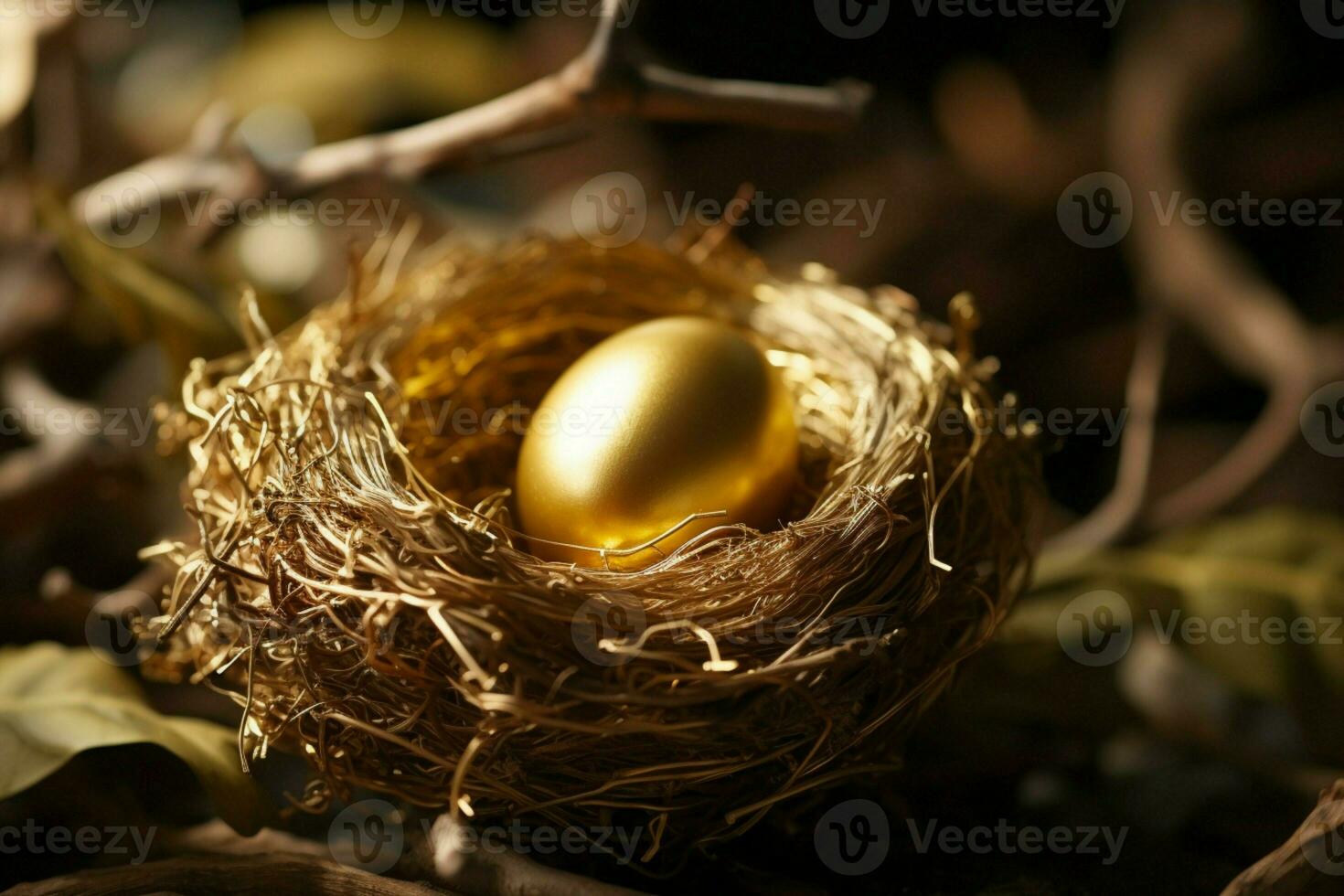 AI generated Shimmering golden egg nestled among twigs in a birds cozy home photo