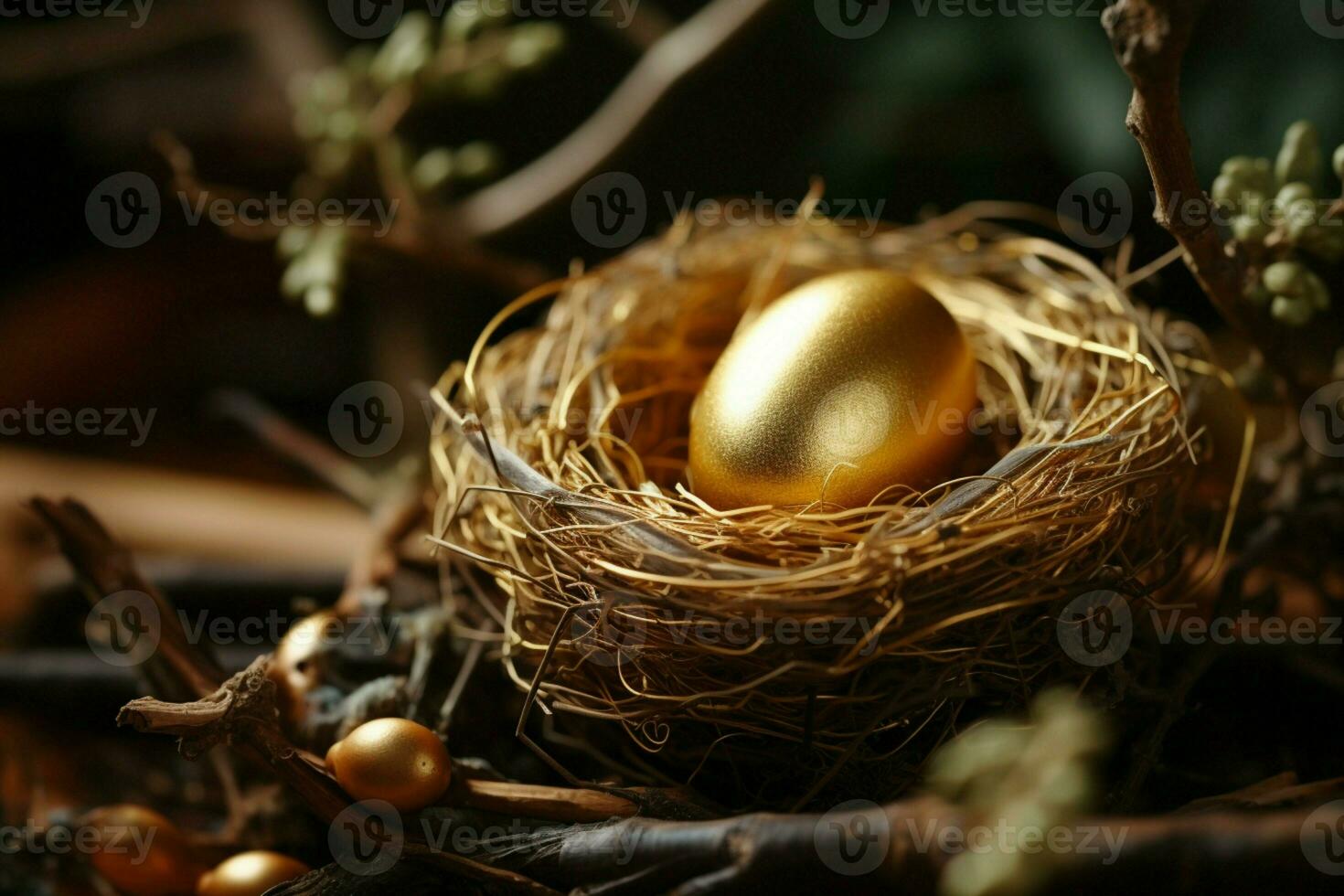 ai generado reluciente dorado huevo anidado entre leña menuda en un aves acogedor hogar foto