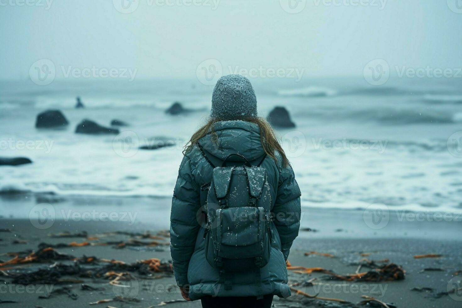 AI generated Winter solitude Girl in down jacket stands on seashore contemplating photo