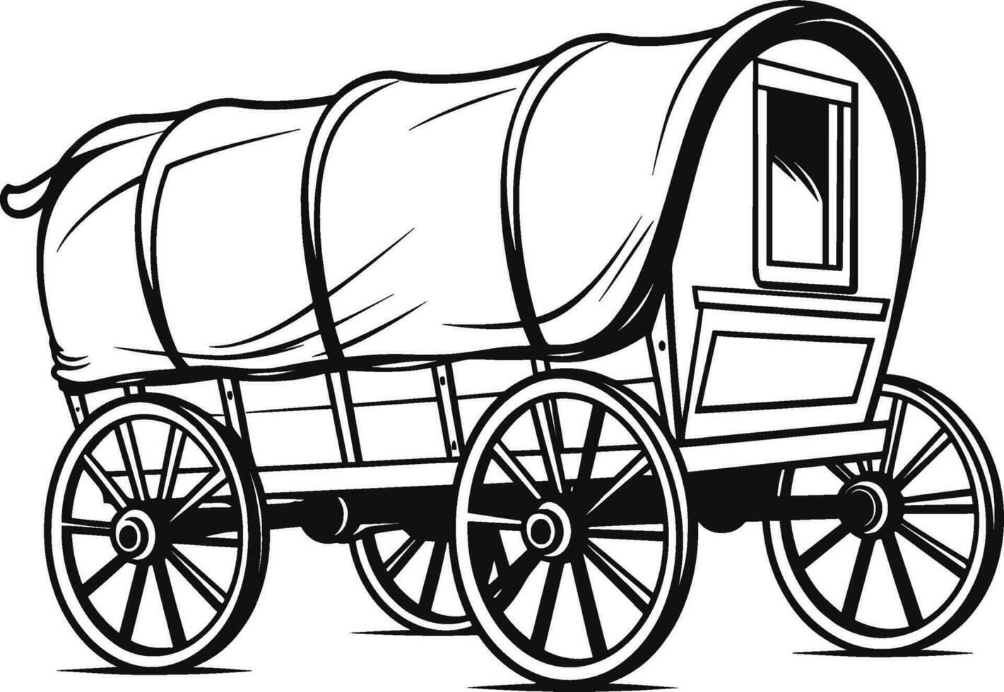 Wild west covered wagon black silhouette. Vector Western illustration isolated on white. AI generated illustration.