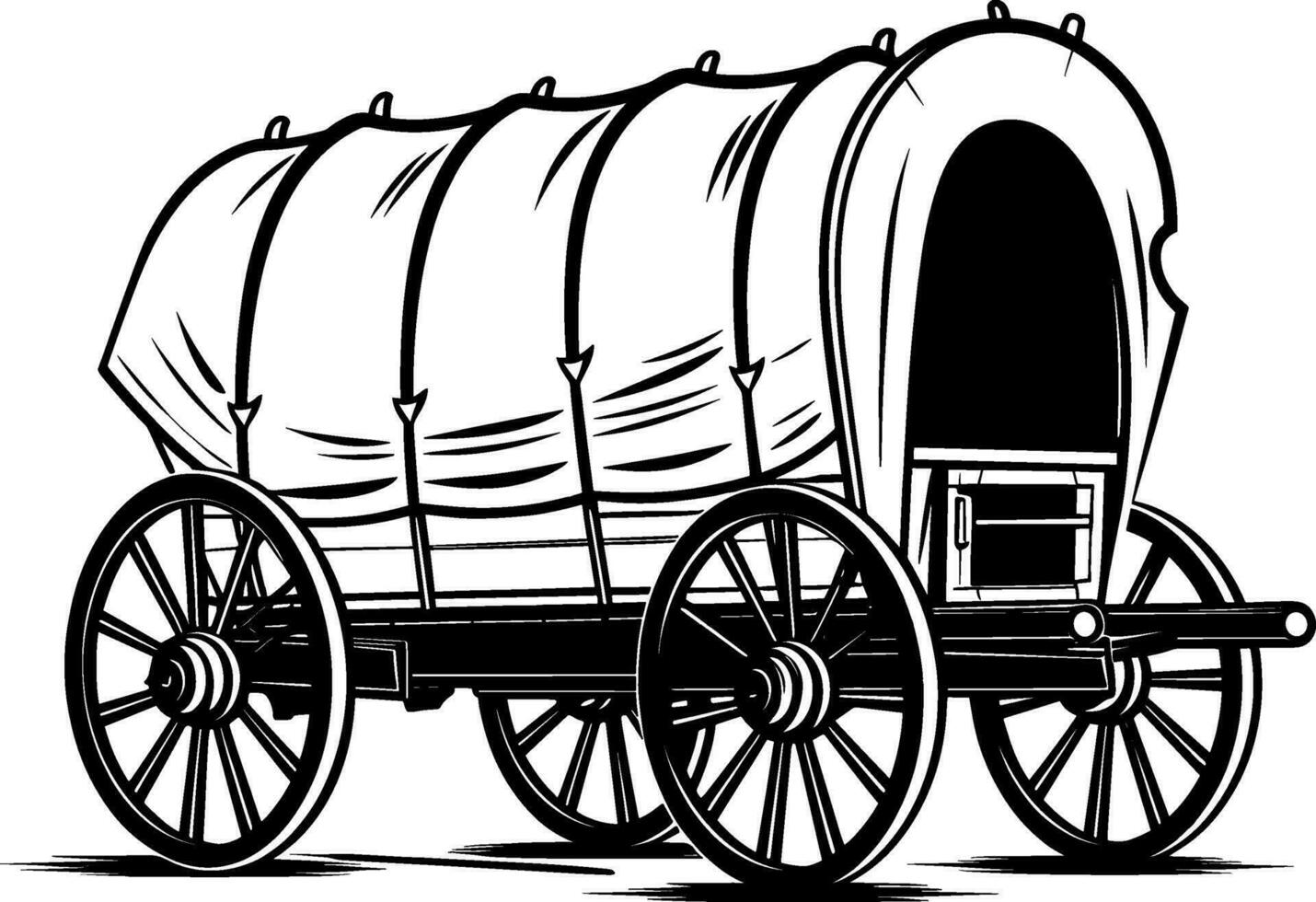 Wild west covered wagon black silhouette. Vector Western illustration isolated on white. AI generated illustration.