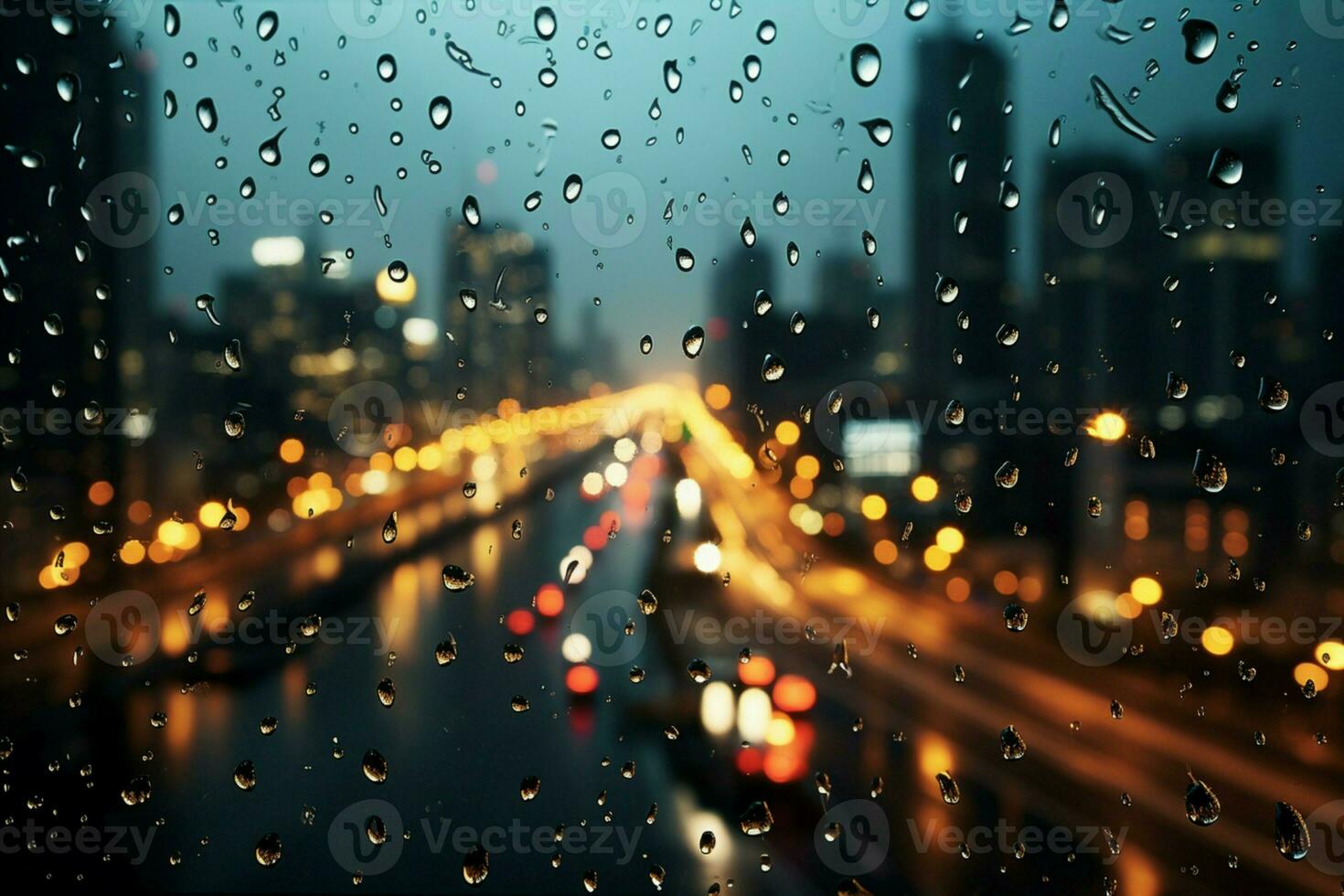 AI generated Urban drizzle Raindrops adorn window with lively city backdrop photo