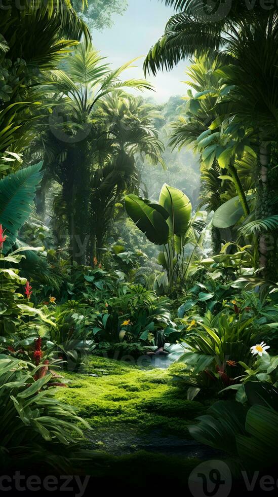 AI generated tropical garden with ferns and plants photo