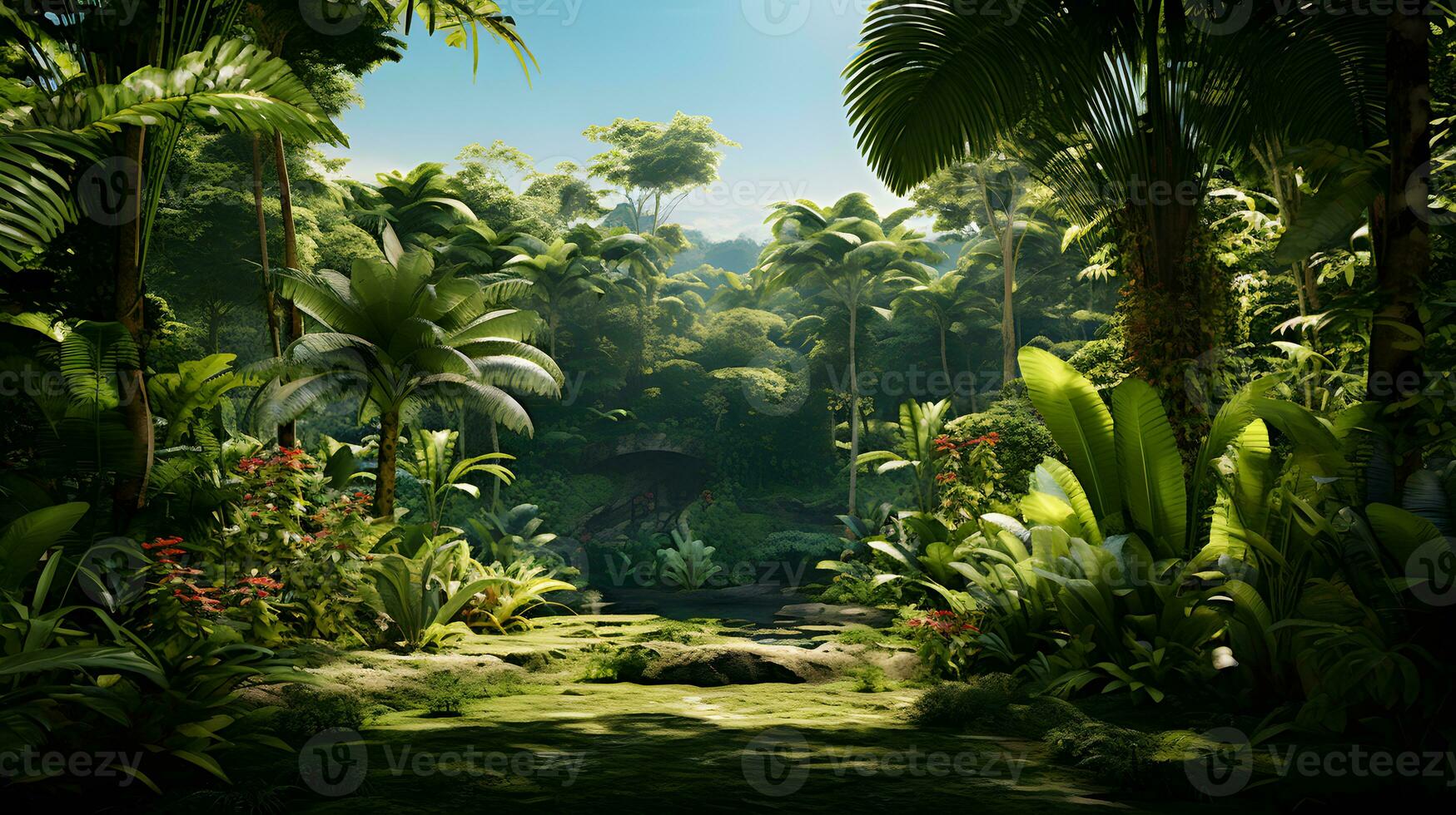 AI generated tropical garden with palm trees and bushes in the morning light photo