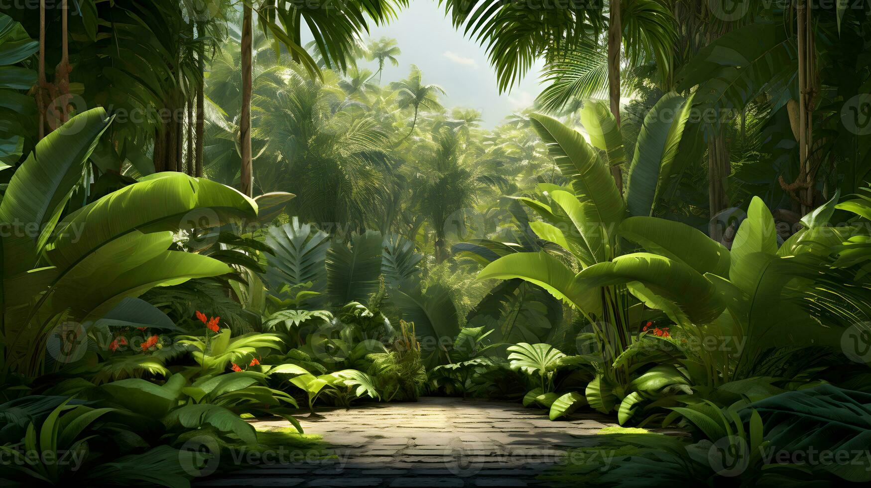 ai generado camino en un tropical jardín con palma arboles foto