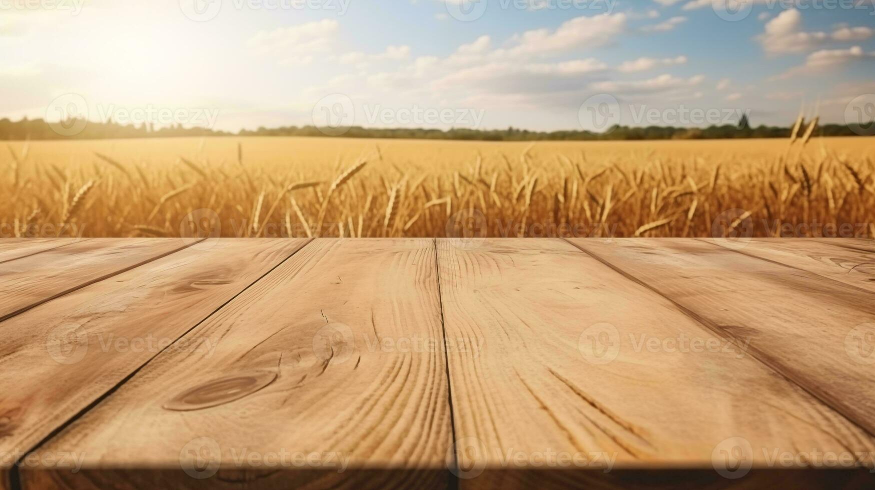 AI generated wooden table top over wheat field photo