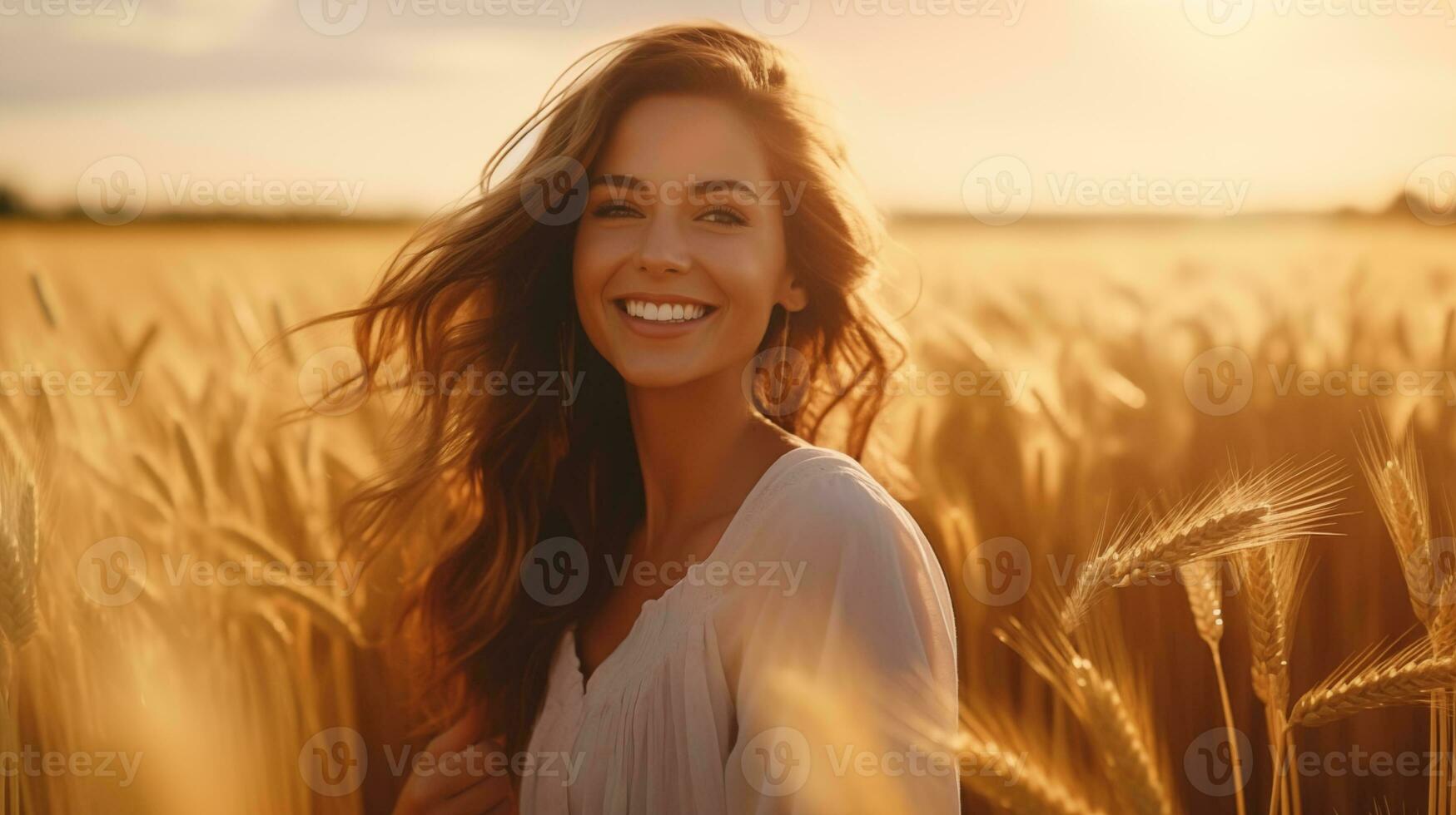 AI generated a woman is smiling in a wheat field photo