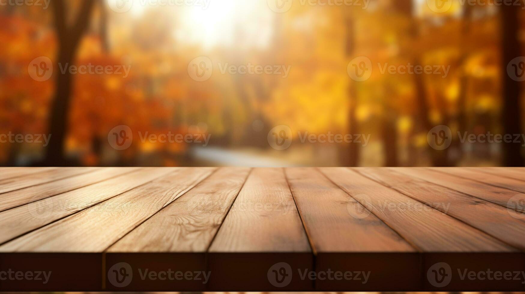 AI generated an empty wooden table in the middle of a forest photo