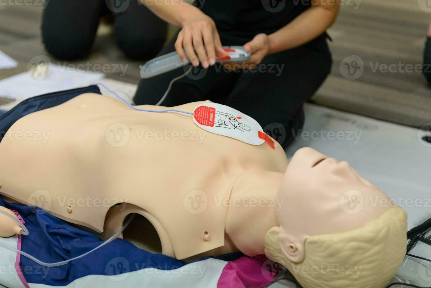 First aid cardiopulmonary resuscitation course using AED training. selective focus placing electrode photo