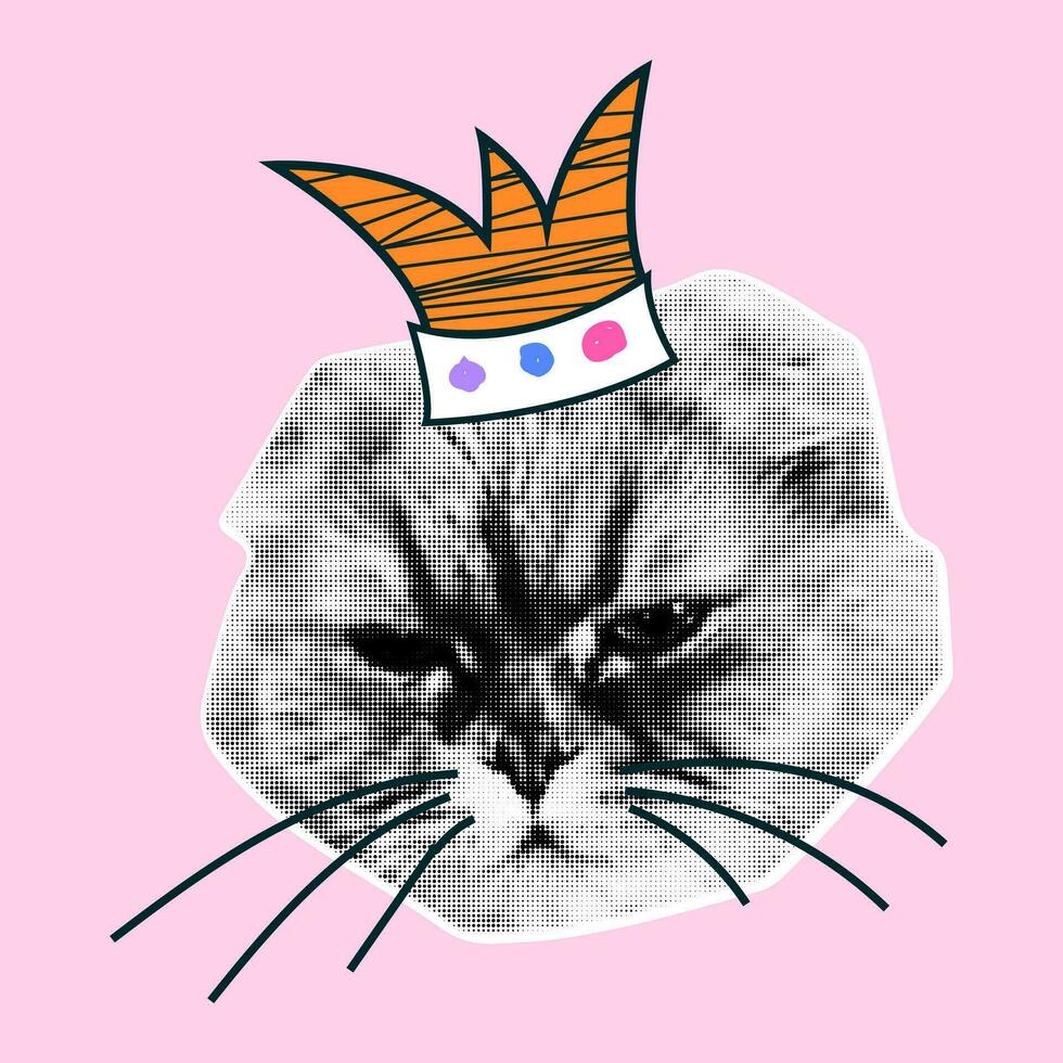 Retro collage with cat heads with halftone effect. Funny kitten with emotions, doodle elements. Vector grunge punk crazy art templates.