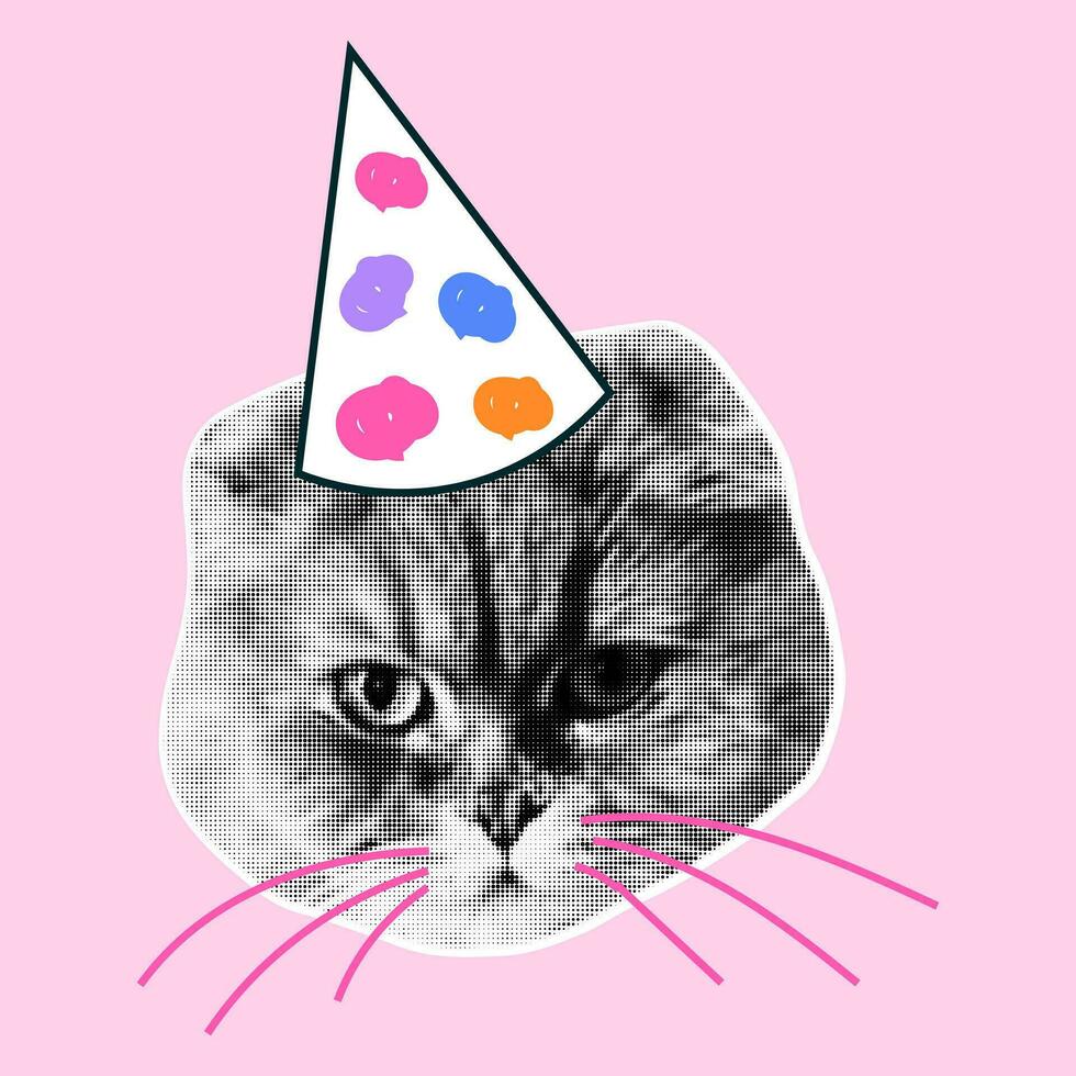 Retro collage with cat heads with halftone effect. Funny kitten with emotions, doodle elements. Vector grunge punk crazy art templates.