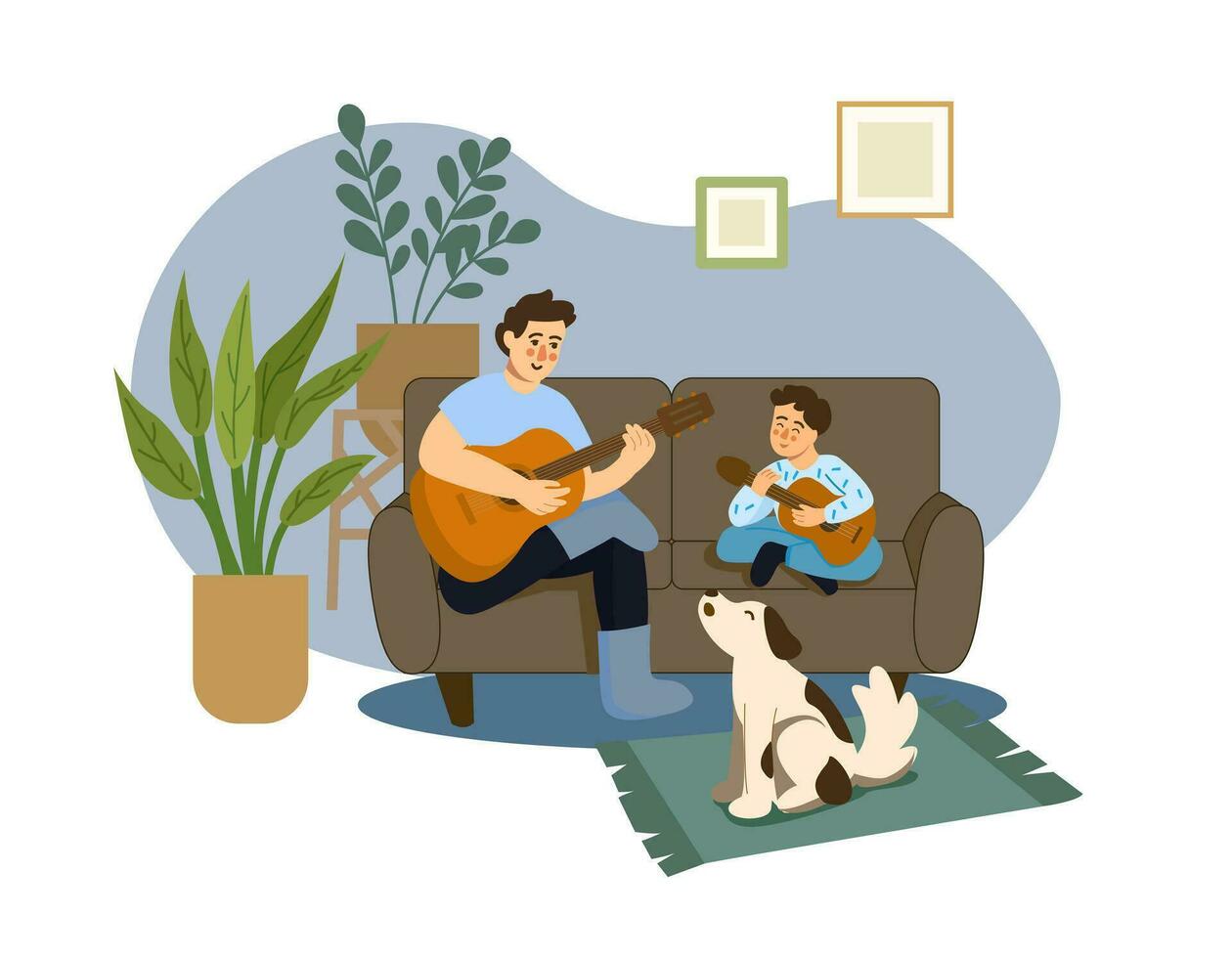 father and son sit on the couch at home and play guitars. a dog sits next to them and sings along. concept of fatherhood, parenthood vector