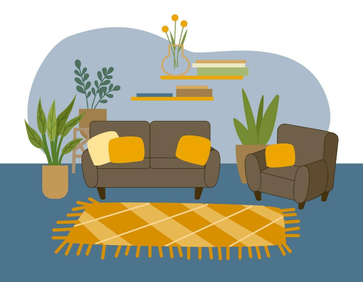 moderno de moda vivo habitación interior en oscuro colores con brillante acentos y casa plantas vector