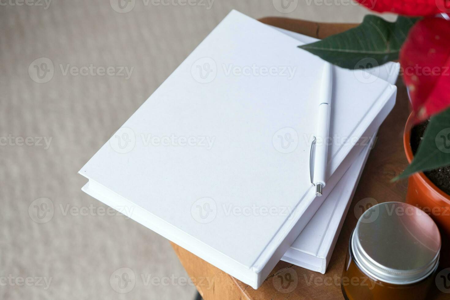 blank books with pen and poinsettia plant photo