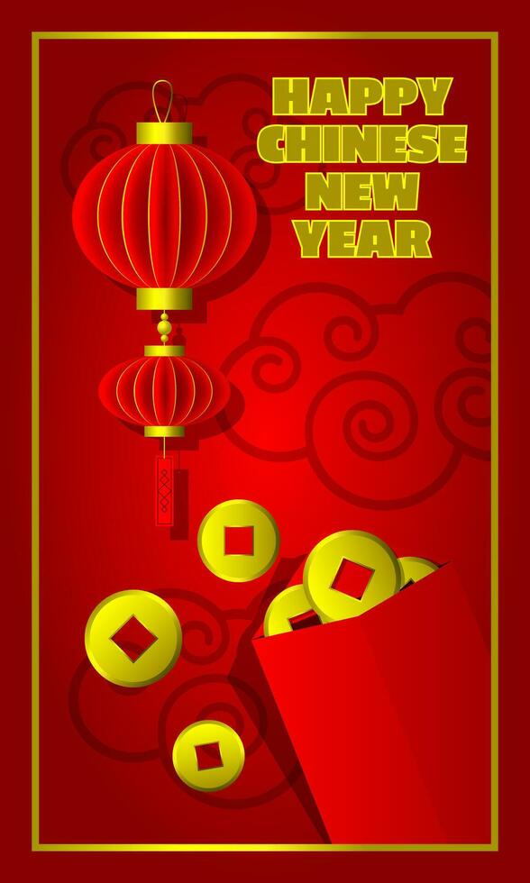 Happy Chinese New Year banner with lantern and envelope full of gold coins vector