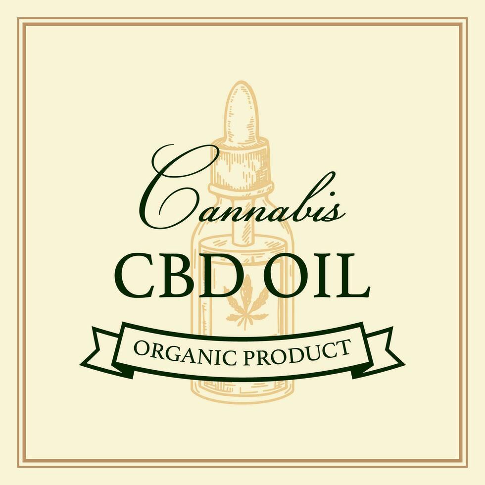 Cannabis cbd oil packaging design. Marijuana logo template with hand drawn elements. Vector illustration in sketch style