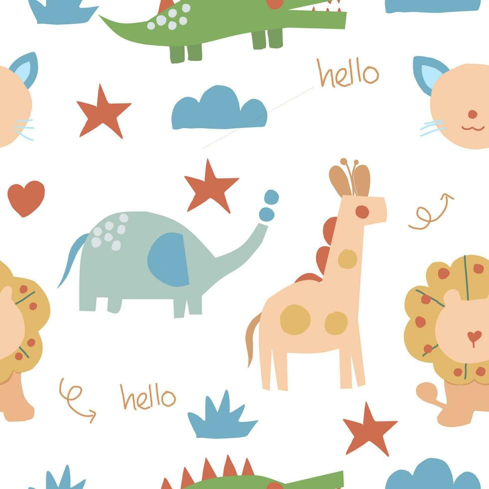 Cute Hand Drawn Wild Animal Seamless Pattern vector