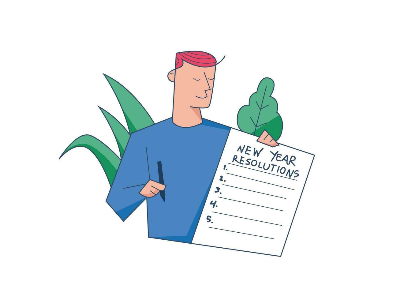 New year resolutions, man holding notepad paper and pen set goal or business target for new year vector