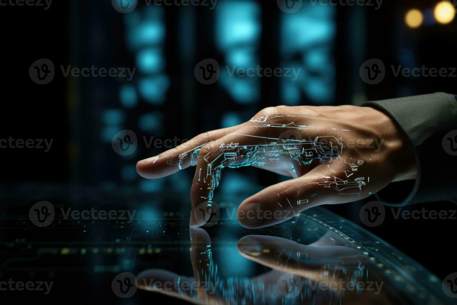 AI generated Finger Pushes Touch Screen Button and Activates Futuristic Artificial Intelligence. AI Generated photo