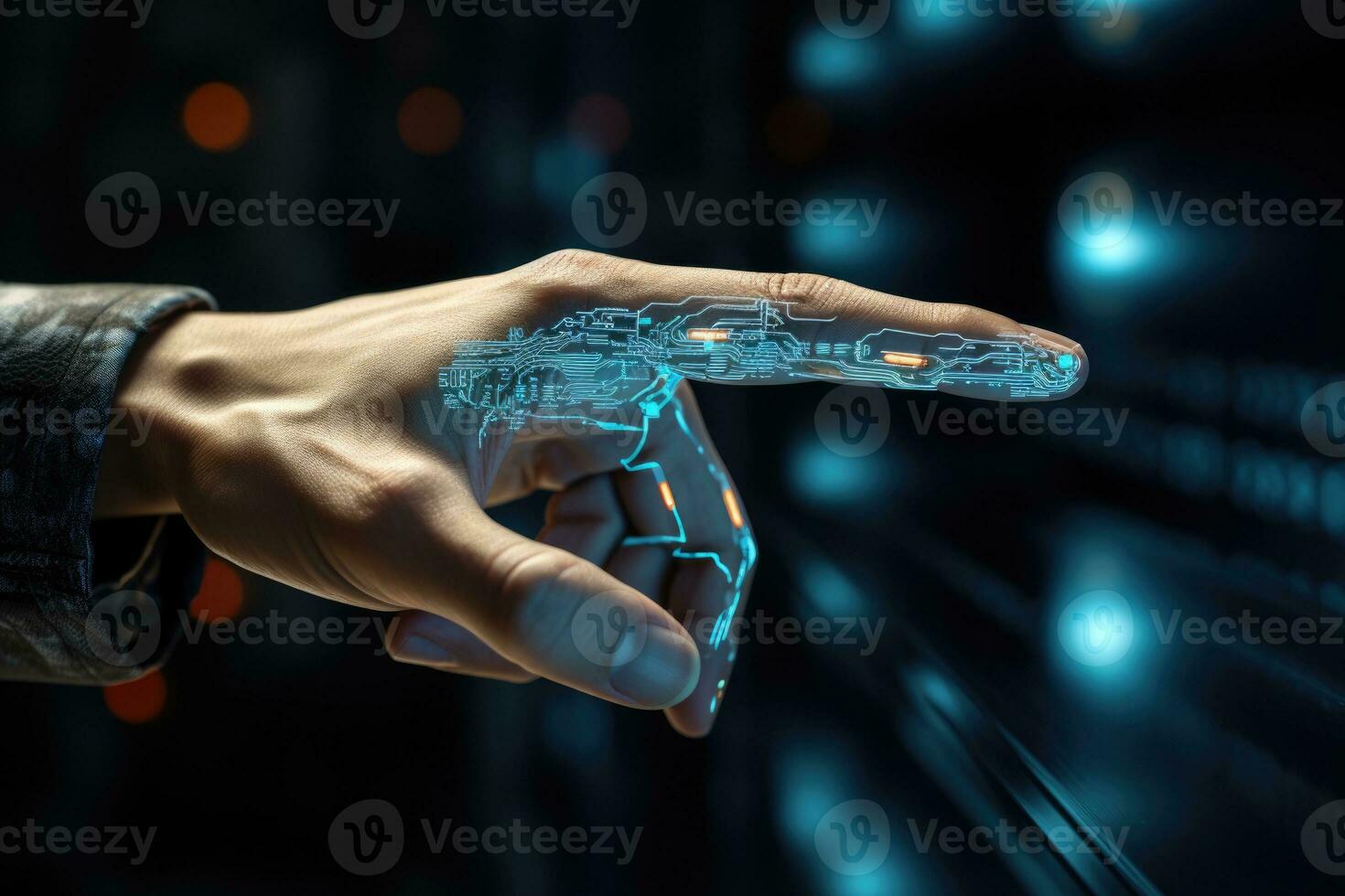 AI generated Finger Pushes Touch Screen Button and Activates Futuristic Artificial Intelligence. AI Generated photo