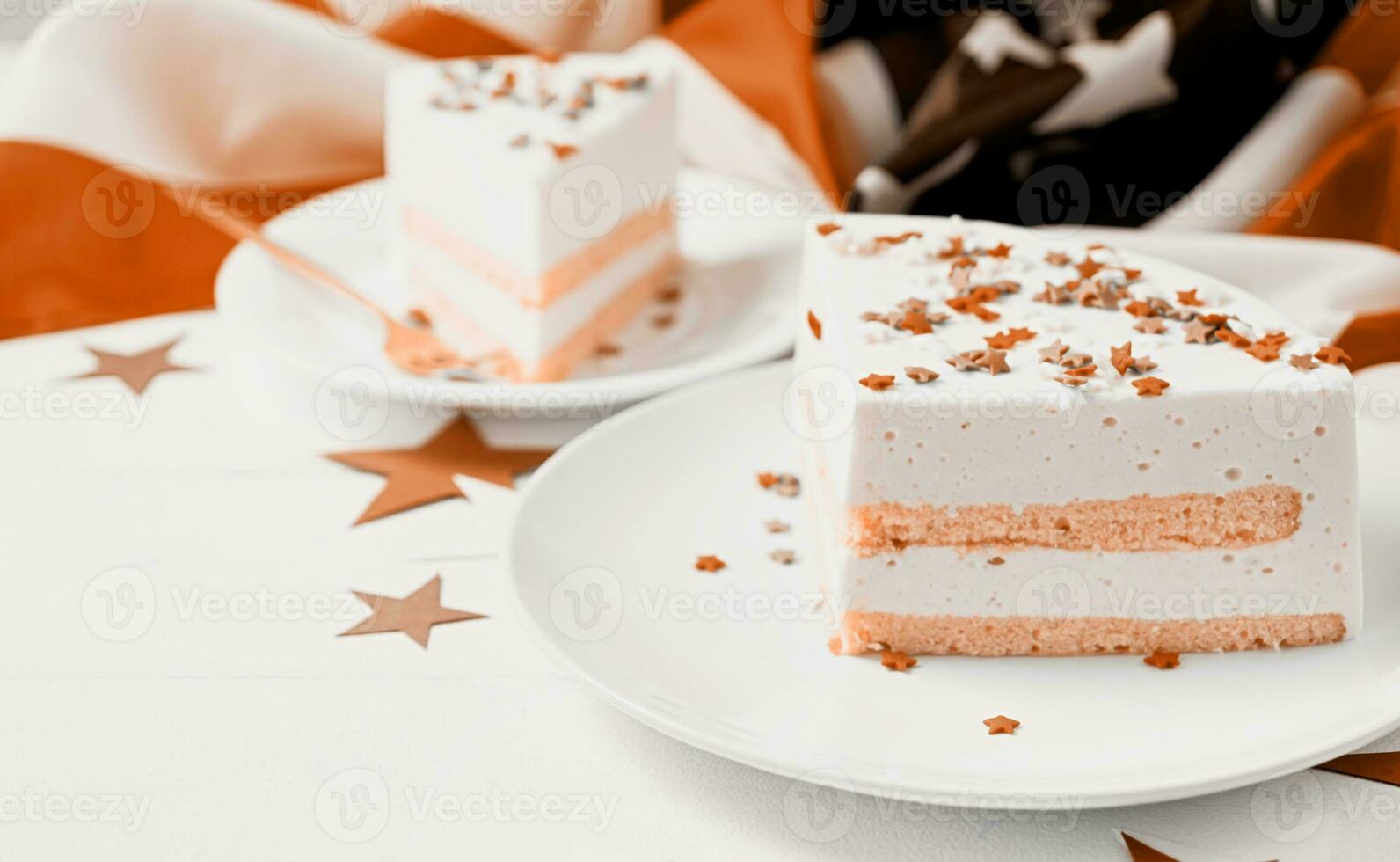 Color of the year 2024, Peach Fuzz. Sweet cake with usa flag colored sprinkles and stars , flag background photo