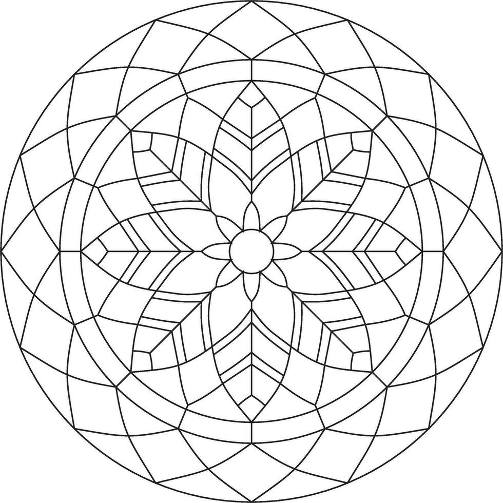 Vector outline round stained glass pattern for window or ceiling. Mosaic circle, geometric ornament. Sketchy flower