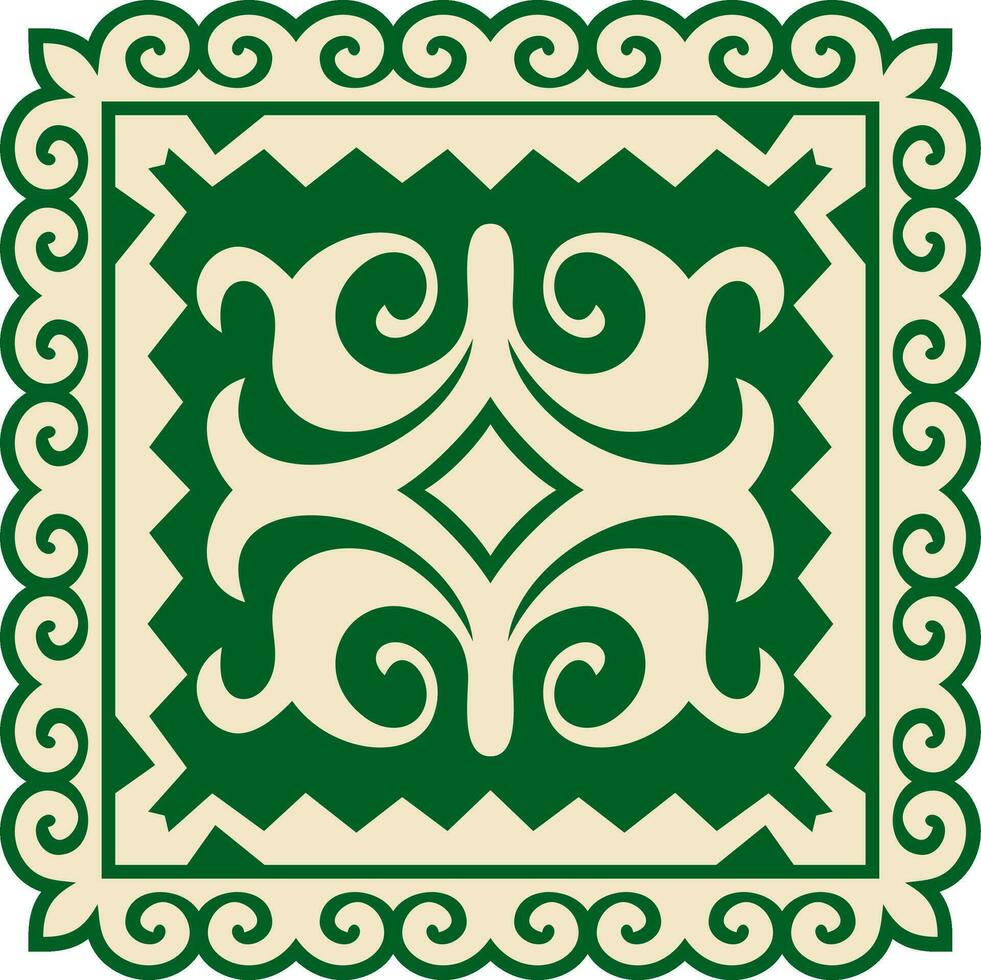 Vector green with gold Square Kazakh national ornament. Ethnic pattern of the peoples of the Great Steppe, Mongols, Kyrgyz, Kalmyks, Buryats