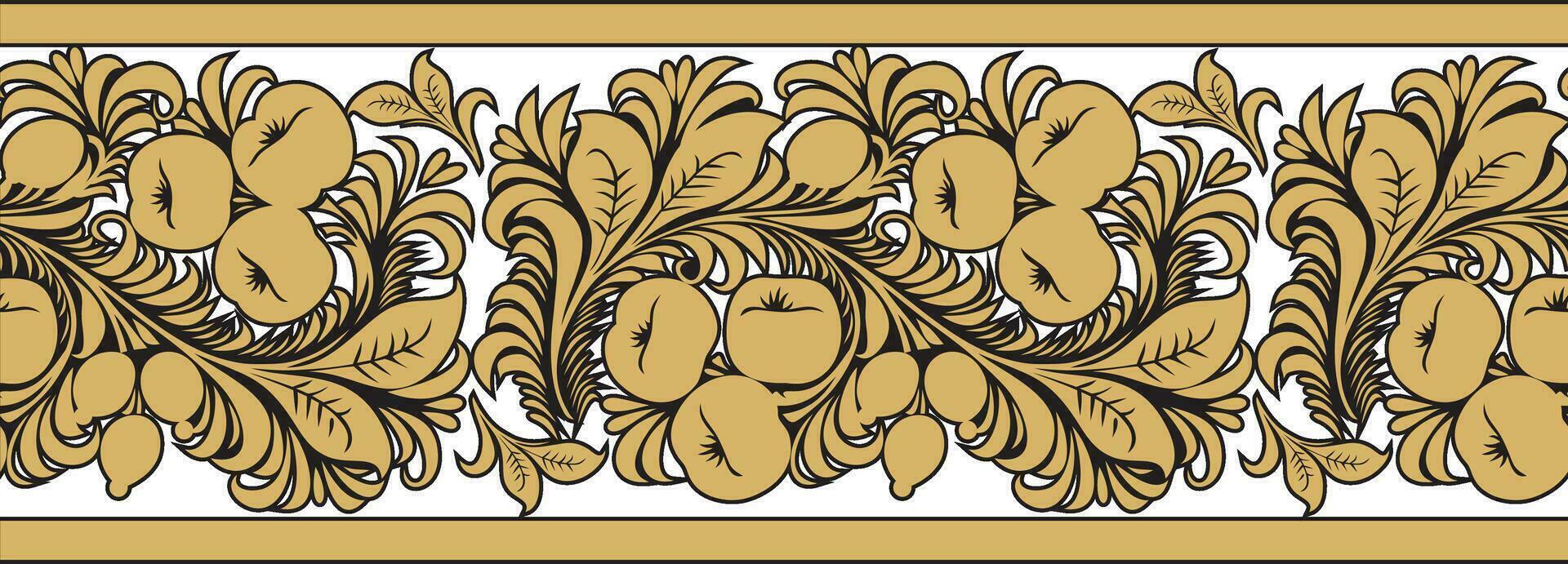 Vector gold seamless Russian folk ornament Khokhloma. National endless border, frame of Slavic peoples, Belarusians, Ukrainians.