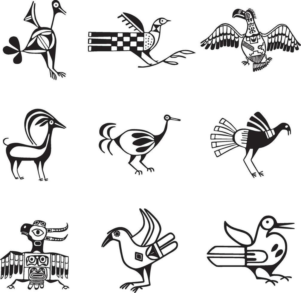 Vector monochrome set of native american symbols. Pattern totem of the peoples of Central and South America, Aztecs, Maya, Incas