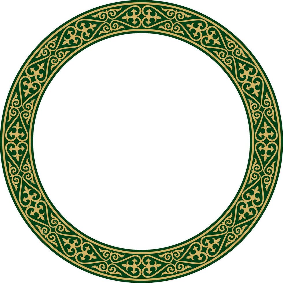 Vector gold and green Kazakh national round pattern, frame. Ethnic ornament of the nomadic peoples of Asia, the Great Steppe, Kazakhs, Kirghiz, Kalmyks, Mongols, Buryats, Turkmens