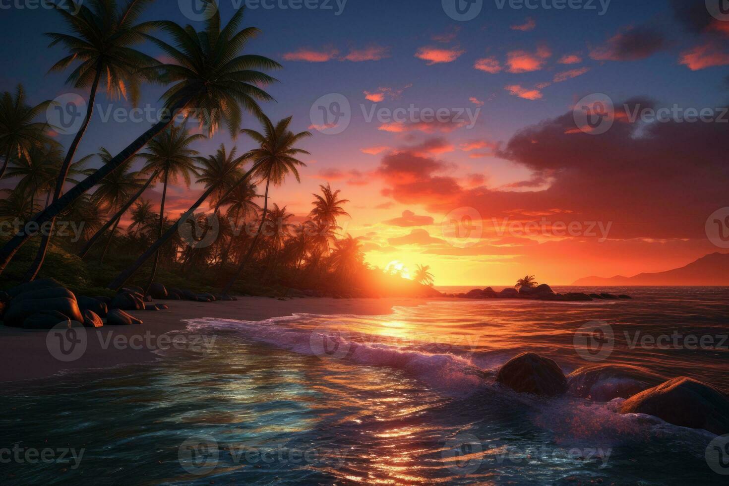 AI generated Serene tropical landscape with tree and foggy fields. AI Generated photo