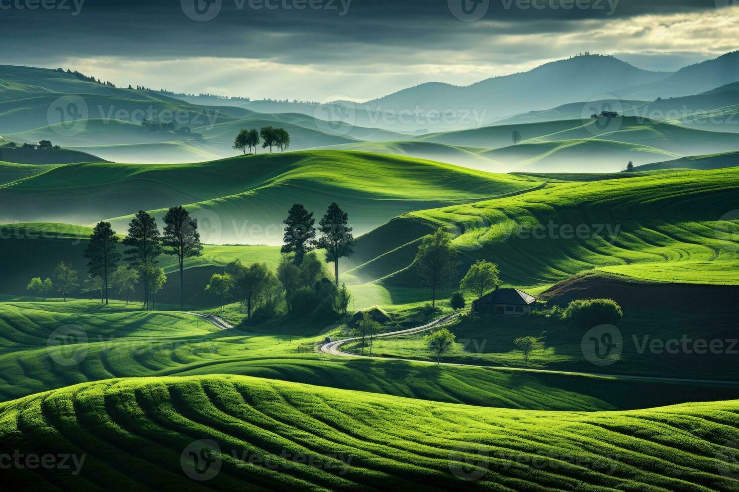 AI generated Serene summer landscape with rolling fields. AI Generated photo