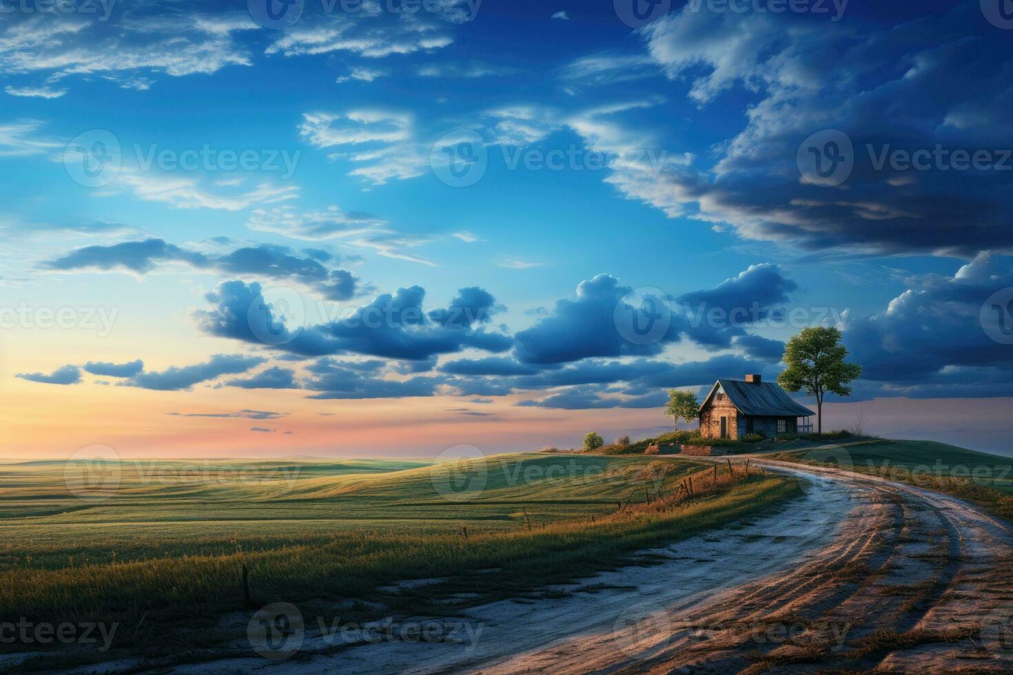 AI generated Serene countryside landscape , blue hour. AI Generated photo