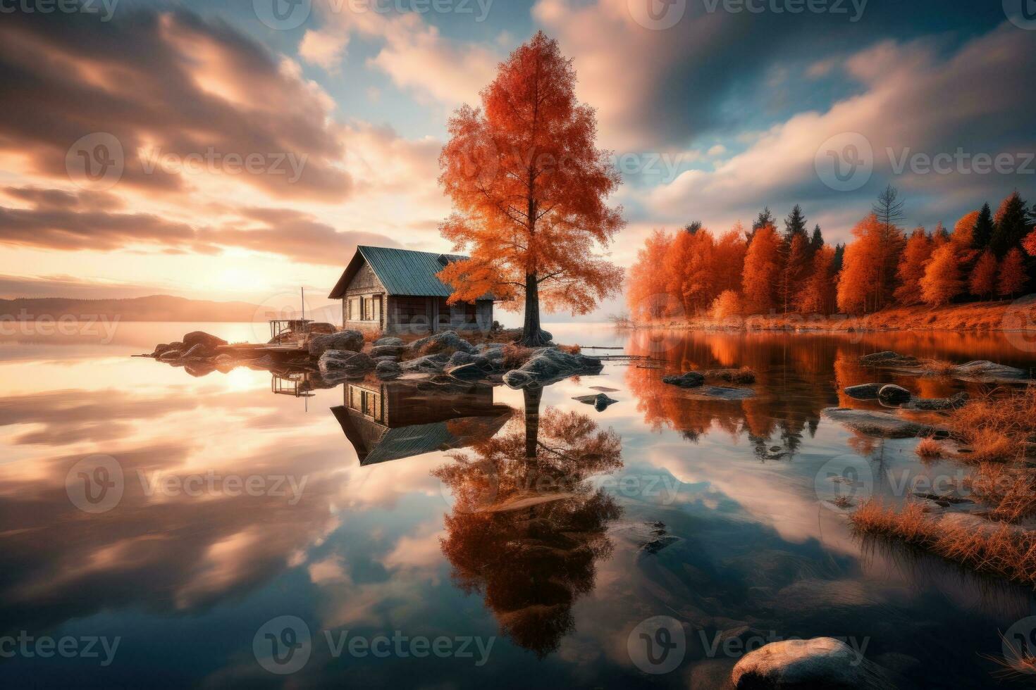 AI generated Serene autumn landscape with tree and foggy fields. AI Generated photo