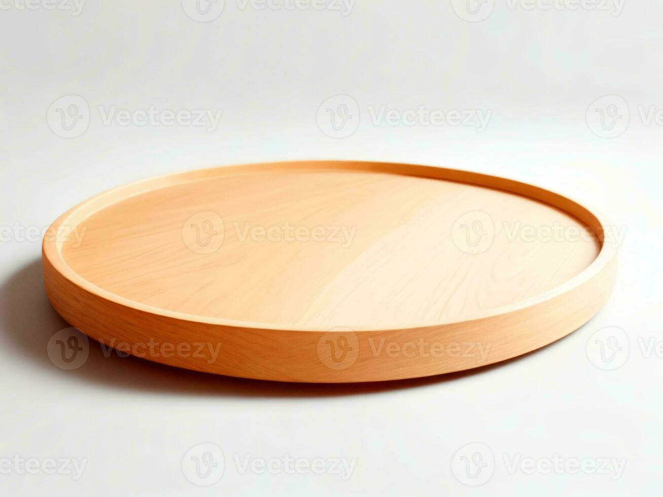 AI generated Round wooden podium for food, products or cosmetics against white background. photo