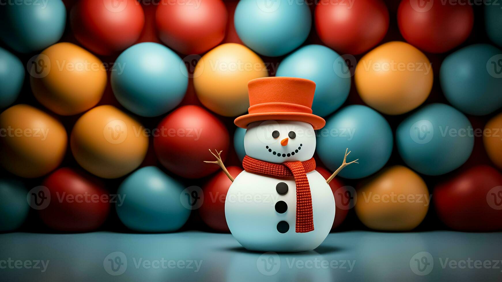 AI generated Snowman with colorful balls background. Christmas and New Year concept.Generated image photo