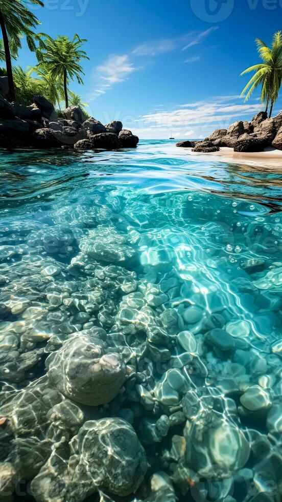 ai generado un paraíso tropical playa con palma árboles, rocas y claro como el cristal agua. verano concepto. foto