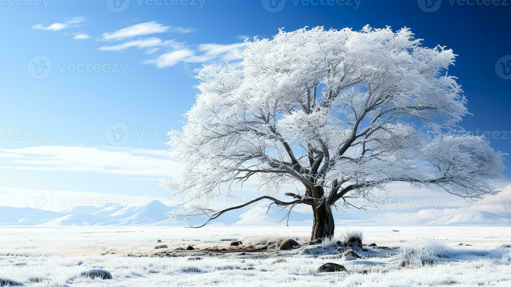 AI generated Winter landscape with frozen tree and blue sky. photo