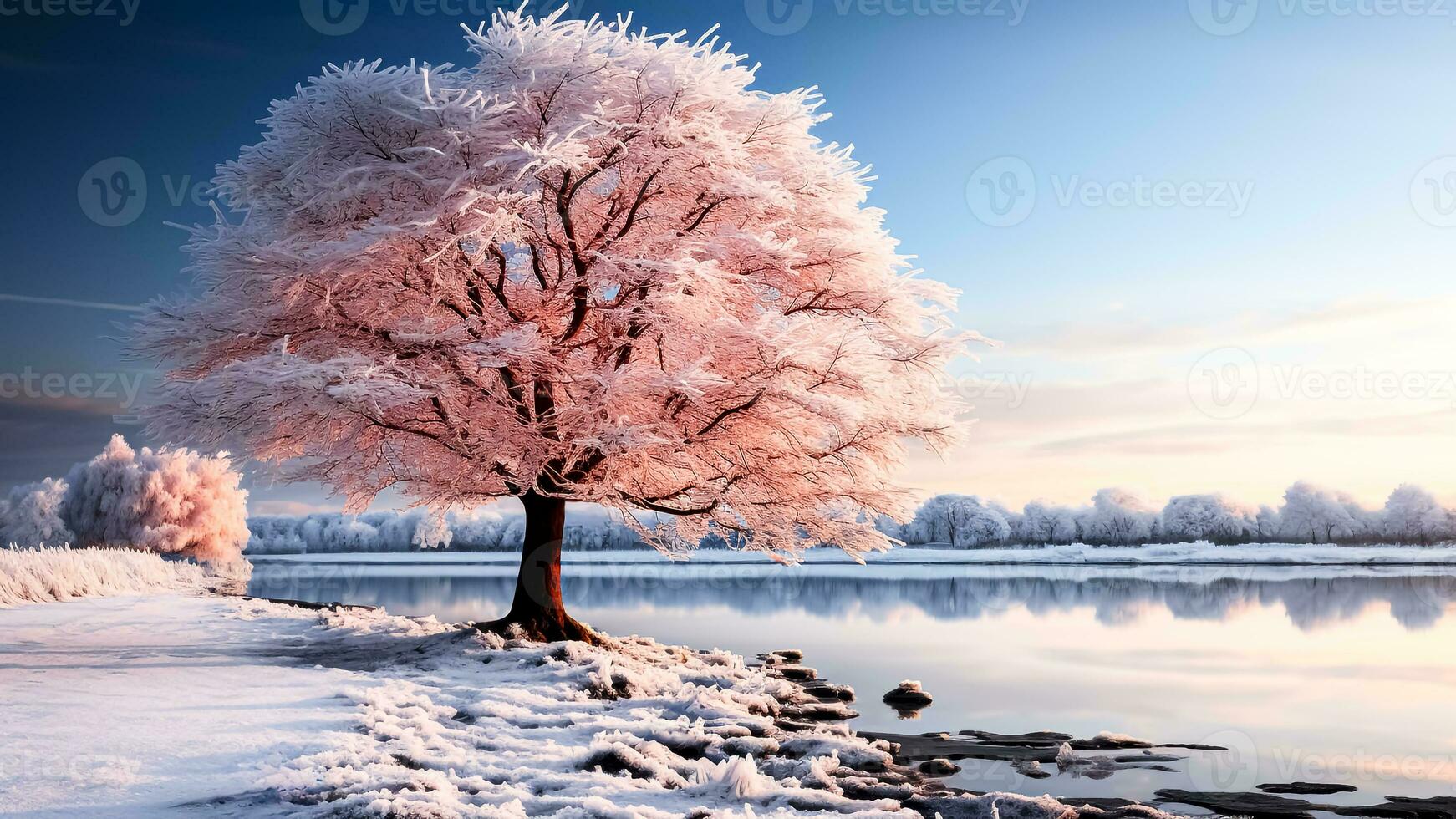 AI generated Beautiful winter landscape with frozen tree on river bank at sunset. photo