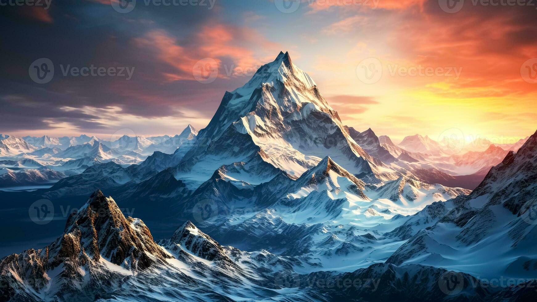 AI generated Snow-capped Mountain landscape at sunset. Panoramic view of the mountains. photo